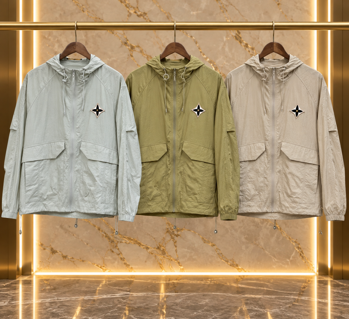 LVTN Parka légère à capuche en nylon / Coupe-vent à écusson Monogram Flower