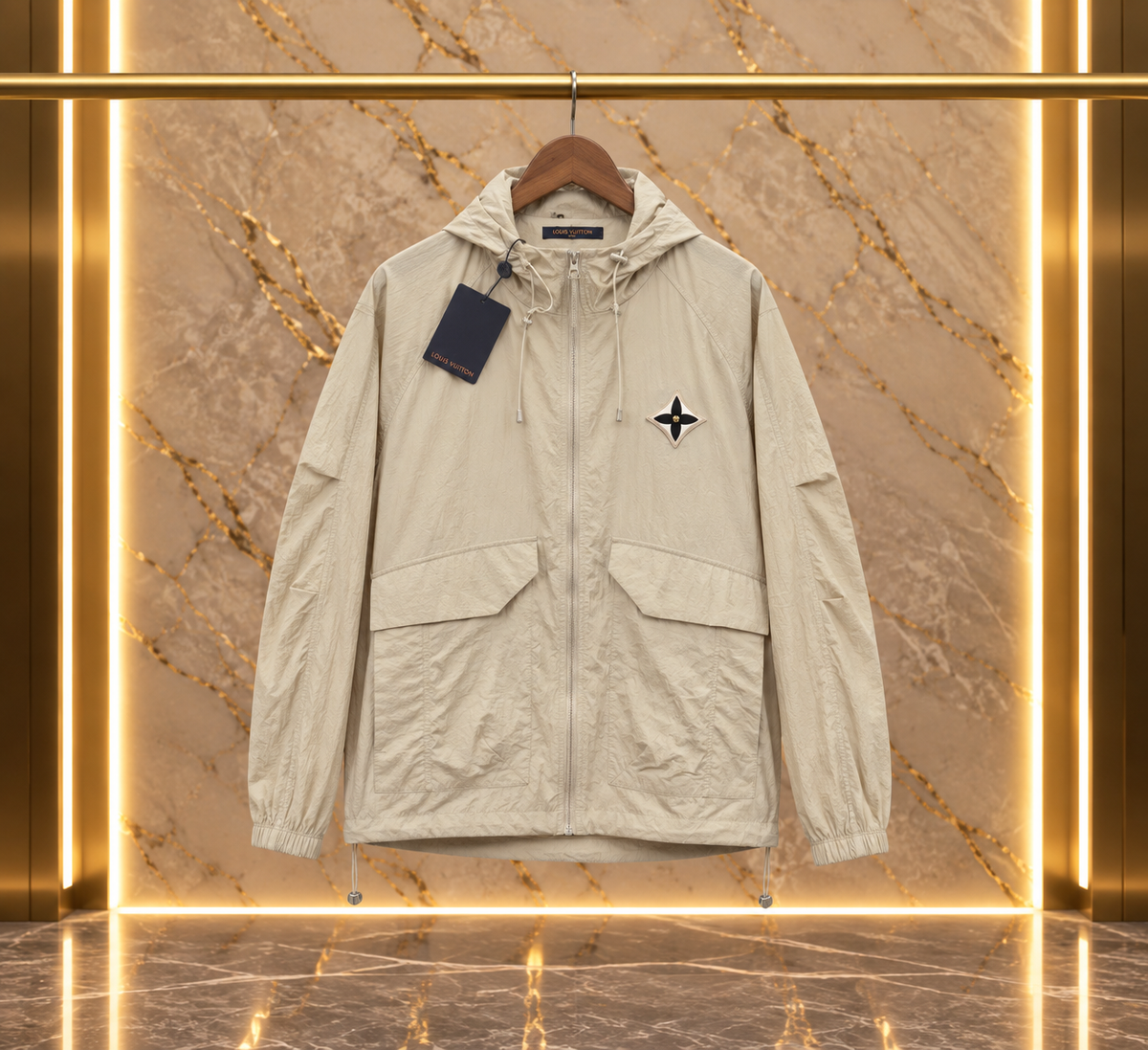 LVTN Parka légère à capuche en nylon / Coupe-vent à écusson Monogram Flower