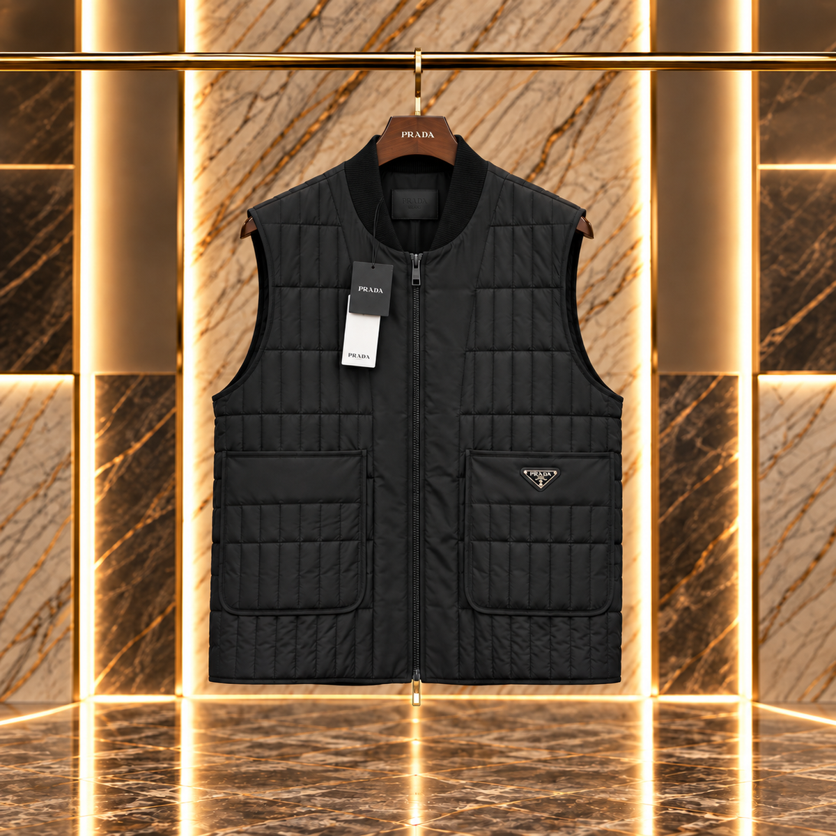 Pra Re-Nylon Quilted Vest with Enameled Metal Triangle Logo