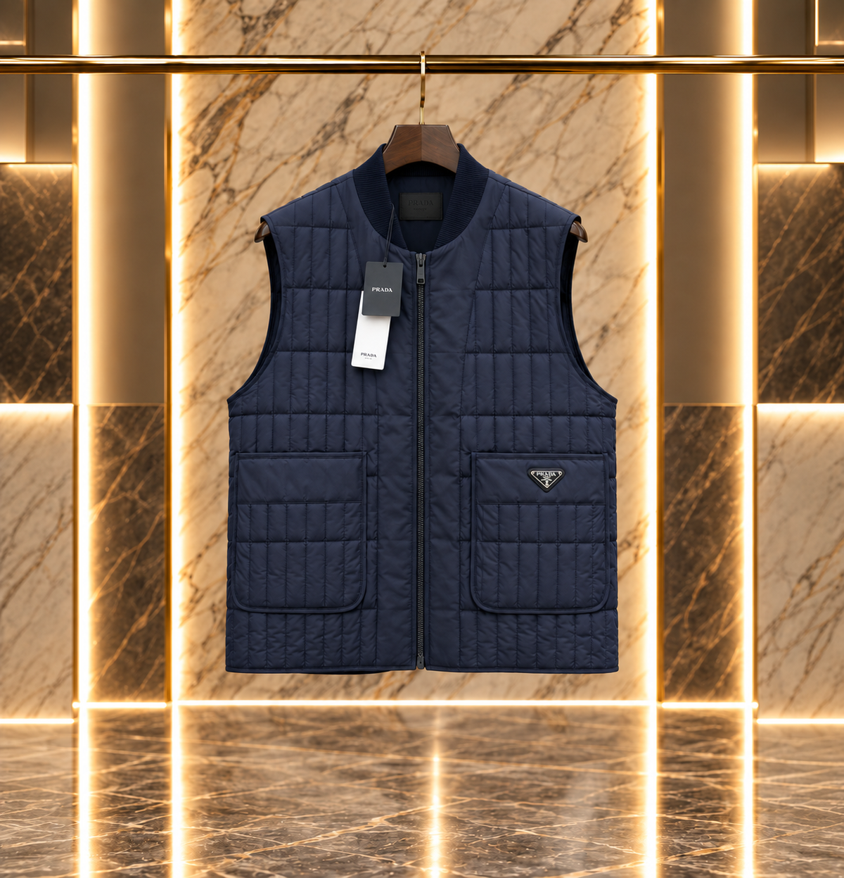 Pra Re-Nylon Quilted Vest with Enameled Metal Triangle Logo