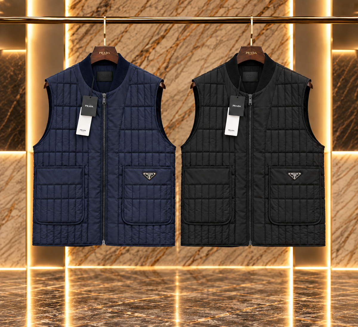 Pra Re-Nylon Quilted Vest with Enameled Metal Triangle Logo
