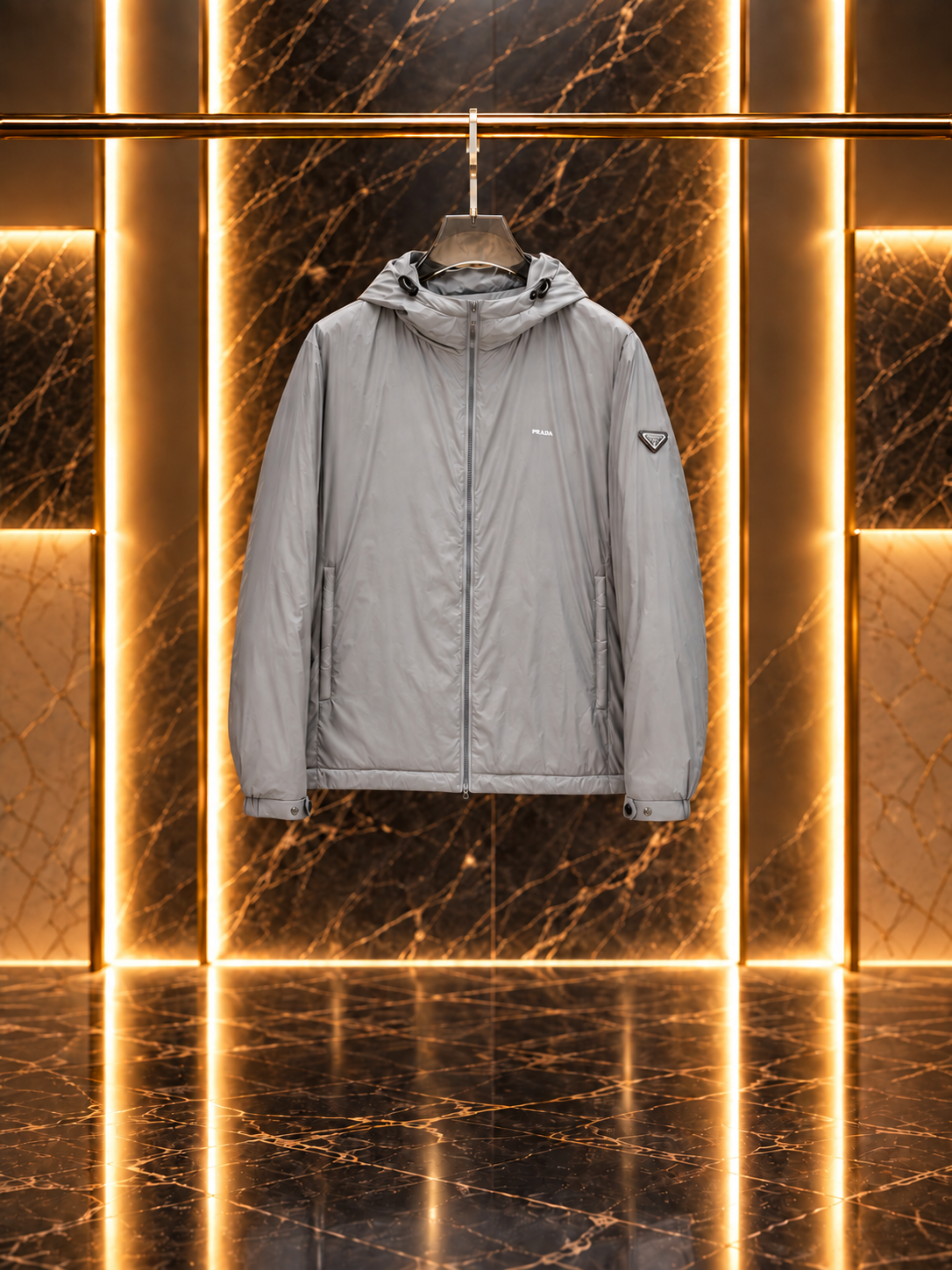 Pra Re-Nylon Hooded Windbreaker Jacket with Enameled Metal Triangle Logo