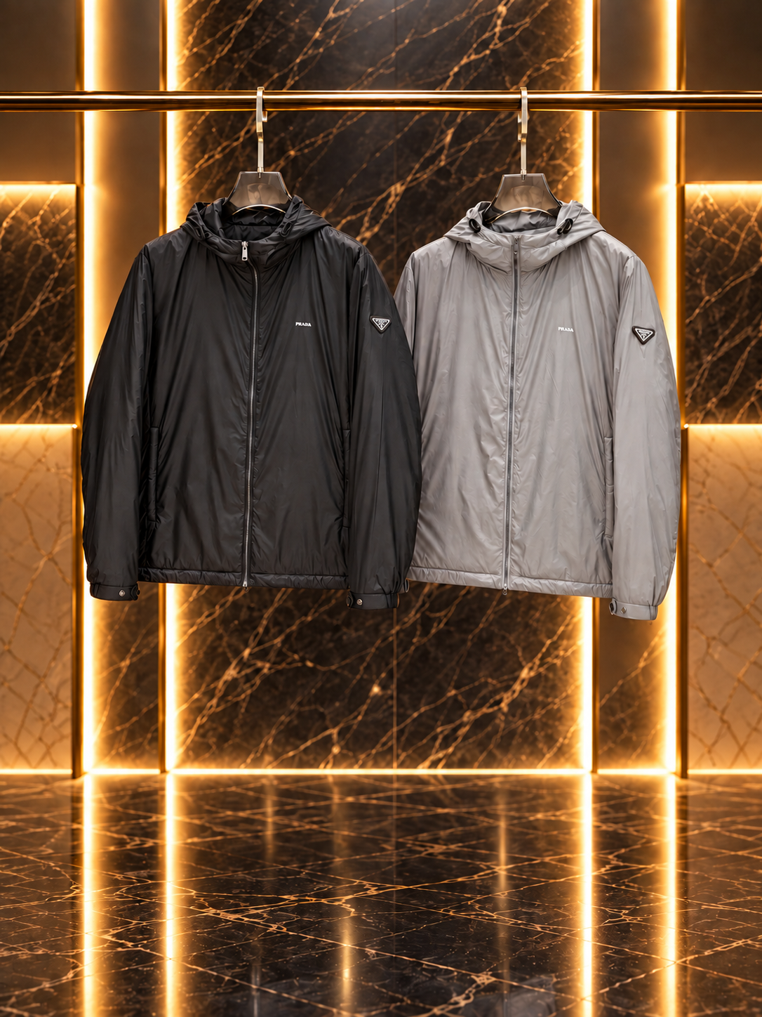 Pra Re-Nylon Hooded Windbreaker Jacket with Enameled Metal Triangle Logo