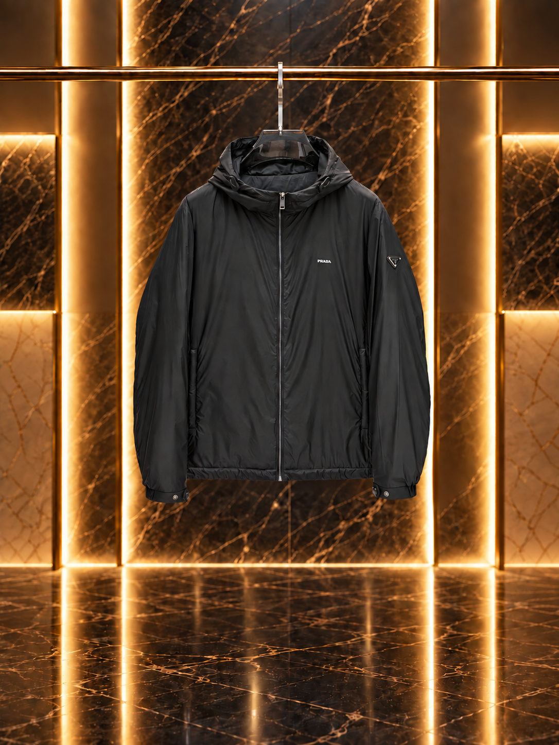 Pra Re-Nylon Hooded Windbreaker Jacket with Enameled Metal Triangle Logo